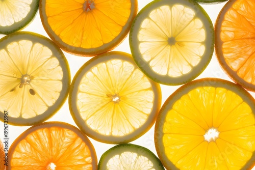 Close-up arrangement of translucent citrus fruit slices with food photography, food and drink