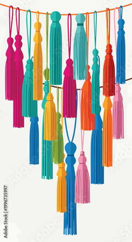 Colorful tassels hanging on a line