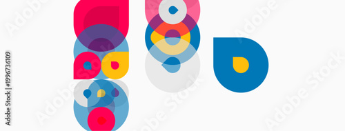 Abstract colorful circles overlap, creating dynamic visual composition. Bright hues dominate white background. Modern design elements present.