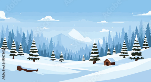 Snowy mountain landscape with trees and cabin