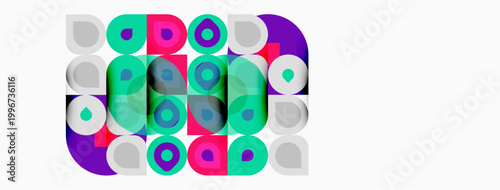 Abstract colorful circles, squares, rectangles form pattern. Bright hues create modern visual texture. Simple geometric shapes dominate composition.