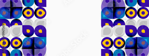 Geometric pattern features circles, squares. Purple, blue, yellow hues dominate design. White space separates repeating sections. Modern aesthetic.