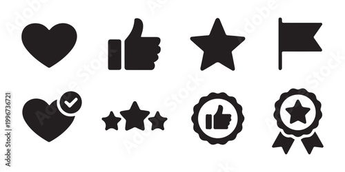 Assortment of feedback and appreciation symbols heart like star flag and medal icons.