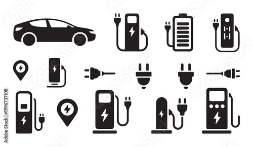 Electric car charging station icons and symbols representing vehicle power infrastructure.