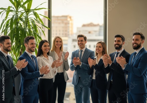 Professional team celebrating a successful project in a modern office setting