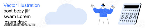 Cloud storage, digital tools, business management, teamwork, productivity, modern technology. A cloud, a person in a blue shirt and a calculator. Cloud storage and digital tools