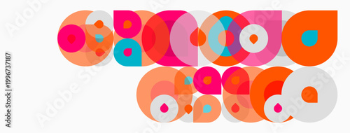 Colorful overlapping circles create abstract pattern. Bright hues dominate composition, suggesting playful design. Simple shapes, modern aesthetic.