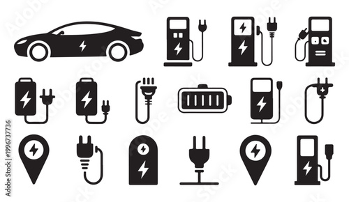 Electric car icons set containing power charging stations and battery level indicators for dashboard.