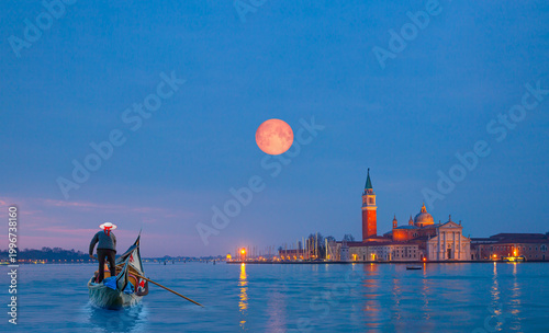 Obraz na plátně View of San Giorgio Island in Venice with wooden buoys in Giudecca Canal with fu