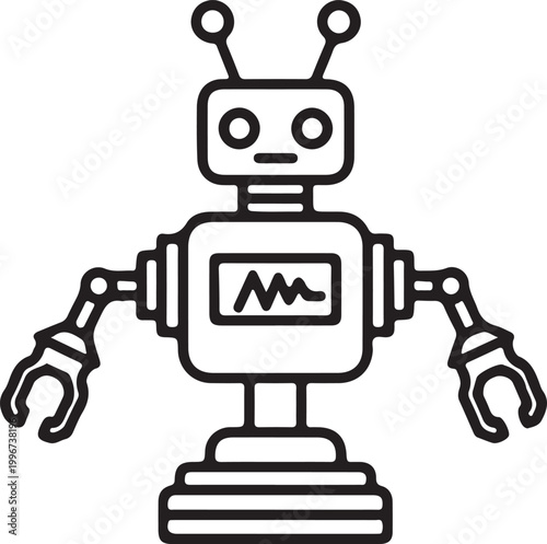 Black and white of a robot with a screen face and mechanical limbs