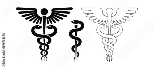 Caduceus symbols medical healthcare emblem snake staff wings icon set vector illustration for medicine pharmacy and health care branding