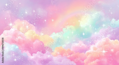 A whimsical pastel sky features fluffy clouds, a rainbow arc, and sparkling stars creating a dreamy atmosphere.