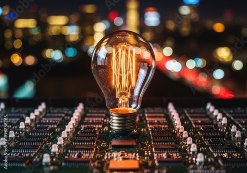 A glowing lightbulb atop a complex electronic circuit board with city lights in the background