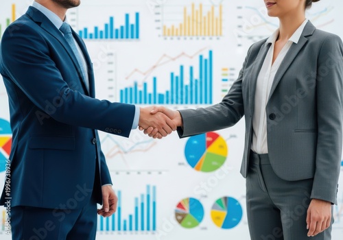 Business professionals shaking hands with data visualizations in background