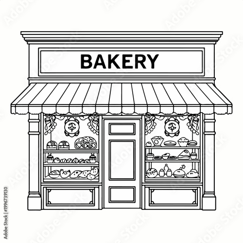 Charming Bakery Storefront With Pastry Display, Bread Selection and Window Shopfront Line Art Illustration