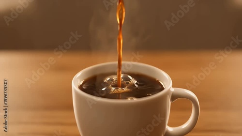 A close up shot of hot coffee being poured from a bronze cezve into a white ceramic mug, steam rising from the dark liquid, on a wooden table.