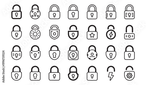 Outline style lock icons collection for security concepts and interface design for web applications.
