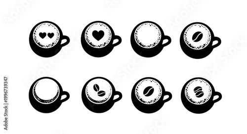 Top view coffee cup icons with latte art designs including hearts and beans patterns for cafe branding and restaurant menu elements on white background vector