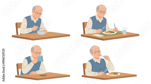 Grandpa Eating Food Color Vector Set – 4 Senior Meal Activity Illustrations in Clean Grid