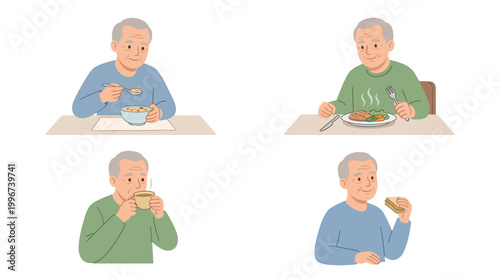 Grandpa Eating Food Color Vector Set – 4 Senior Meal Activity Illustrations in Clean Grid