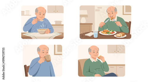Grandpa Eating Food Color Vector Set – 4 Senior Meal Activity Illustrations in Clean Grid