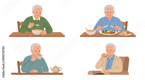 Grandpa Eating Food Color Vector Set – 4 Senior Meal Activity Illustrations in Clean Grid