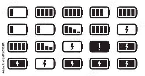 Battery charge level indicator icon set with charging lightning bolt and exclamation mark.