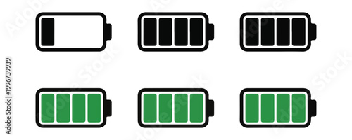 Battery level indicator icons set showing charge status with black and green colors.