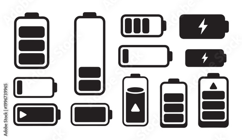 Battery level indicator icons set with various shapes and charging states black glyphs.