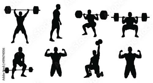 A collection of weightlifters in various poses depicted in black silhouette