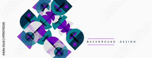 Abstract geometric shapes overlap, creating vibrant modern design. Blue, purple hues dominate white background. Minimalist aesthetic.