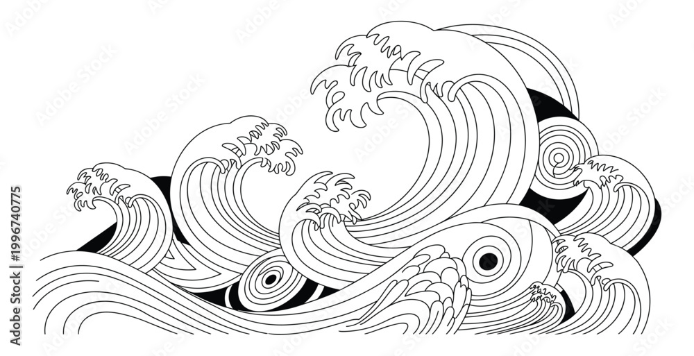 Fototapeta premium Wave of Serenity: An artistic display of dynamic waves, rendered in elegant lines. This monochromatic artwork captures the raw power and beauty of the ocean's dance. 