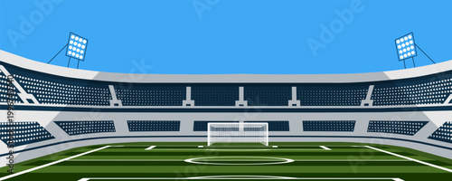 Football stadium illustration and goal post with a netfrom mid field view. vector graphic for soccer sports events. 