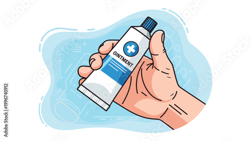Human Hand Holding a White and Blue Ointment Tube with Medical Cross Symbol for Health Care and Skin Treatment, Vector Illustration on Abstract Background.