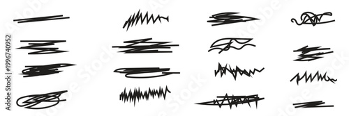 Black marker scribble lines on white background. Collection of black marker strokes and scribbles in different styles on a white background, useful for design elements, highlights, and annotations.