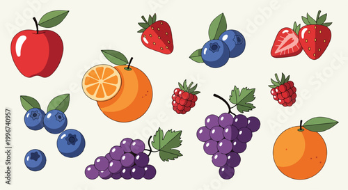 A colorful illustration of various fruits