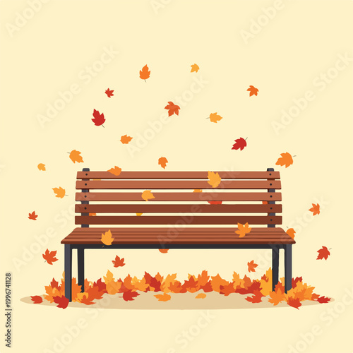 Foto A brown wooden bench with autumn leaves