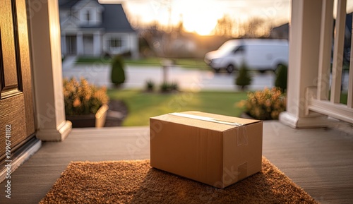 A cardboard delivery box sits on a doormat in front of a suburban home at sunset, with a delivery van visible in the background.