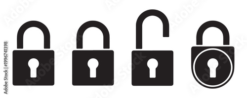 Solid black lock and unlock icons for security management and authentication on grid background set.