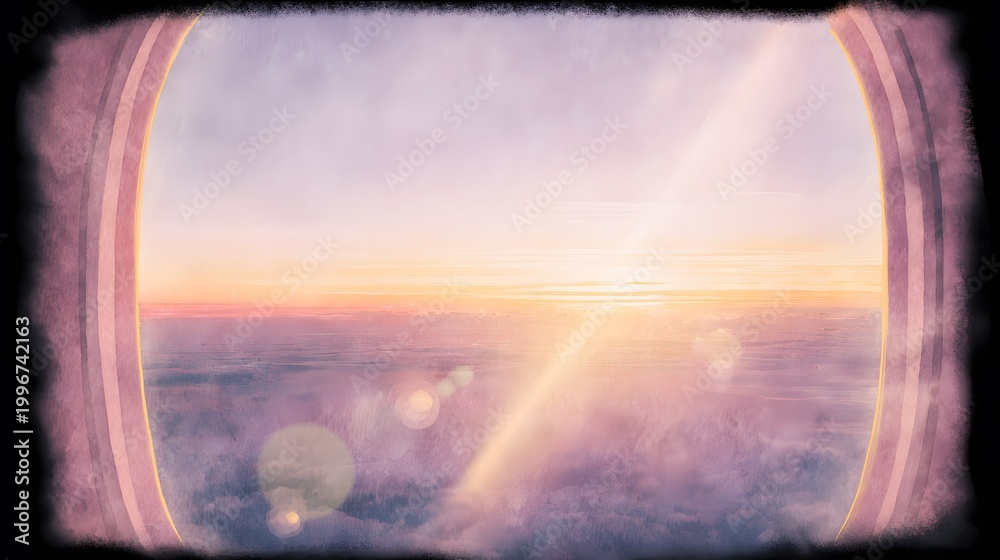 Fototapeta premium Warm Sunset Airplane Window Serene Travel Illustration Gentle Light Peaceful Sky Gradient Artistic Watercolor Design