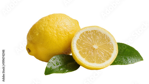 Whole and halved fresh yellow lemons with green leaves, isolated on transparent background