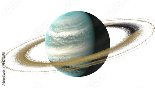 Obraz na plátně Turquoise gas giant planet with swirling golden and black rings, isolated on tra