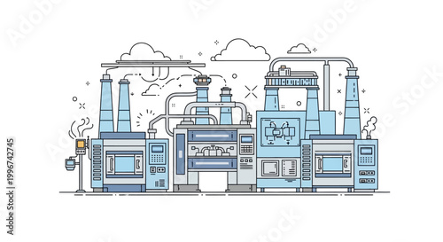 Industrial factory building with smokestacks.