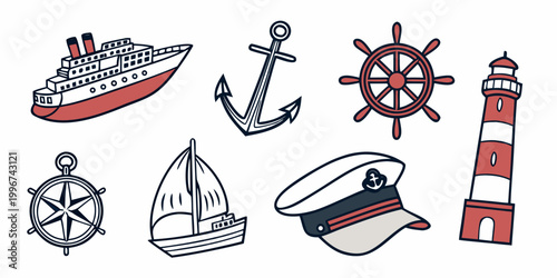 Foto Nautical and marine navigation icons set with passenger ship anchor ship wheel l