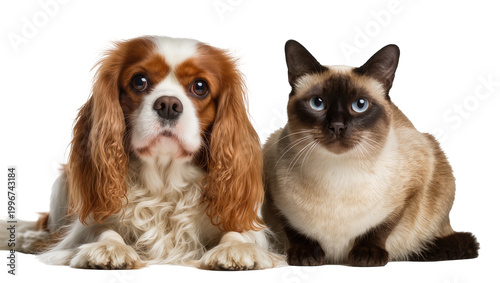 Fotografía Cavalier King Charles Spaniel and Siamese cat sitting together, isolated on tran