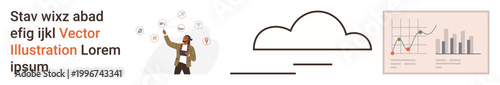 Technology adoption, data analysis, remote work, cloud storage, digital transformation, business solutions. A person interacts with digital devices, cloud icon and data charts. Technology adoption