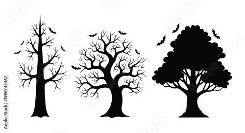 Three barren trees with flying bats against a white background silhouette