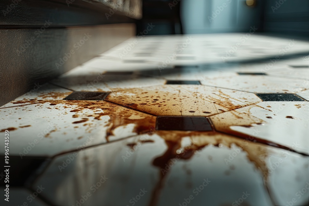 Naklejka premium A close-up shot reveals a spill of dark liquid, possibly coffee or tea, spread across a tiled surface, creating a textured and slightly unsettling visual.
