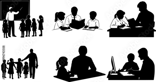 Set of teacher and student silhouette interactions, educational concept vector with children and adults in various learning scenes