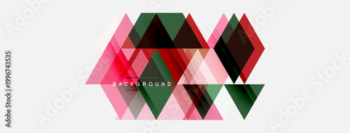 Abstract geometric shapes overlap, creating dynamic composition. Red, green, pink hues dominate design. Minimalist style, modern aesthetic.